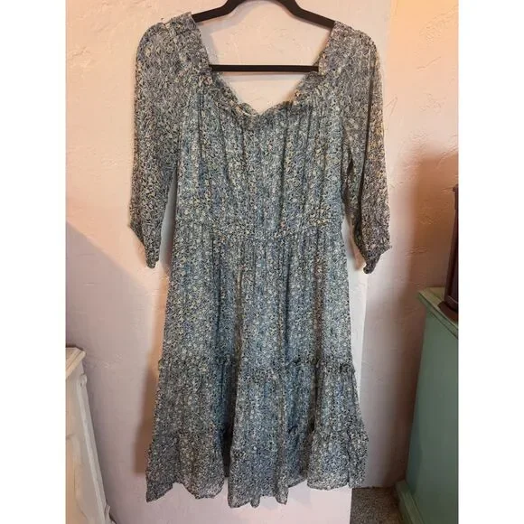 Anthropologie Kira Off-the-Shoulder Peasant Dress Blue Floral 6P - Picture 8 of 10